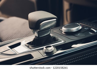 Modern Car Interior, Gearstick Close Up Photo.