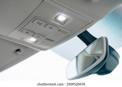 Modern Car Interior, Rear-view Mirror With Dimming Function, LED Interior Lighting.