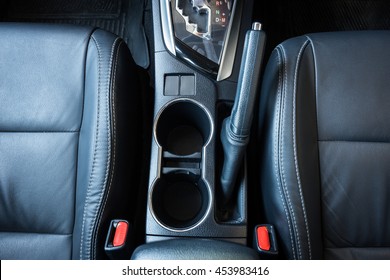 Modern Car Interior Top View. Black Leather New Car Interior.