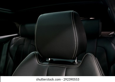 Modern Car Leather Headrest. Interior Detail.