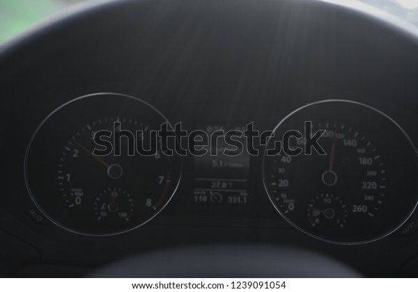 A\
Modern Car odometer Cluster with LCD Multifunction Display. Meter\
at constant speed show the fuel consumption efficiency\

