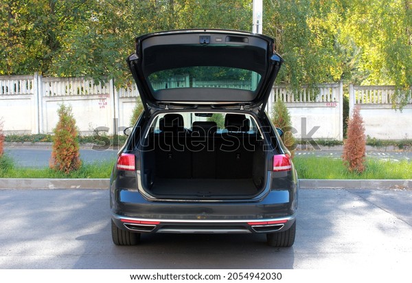 Modern car with open empty trunk. Modern wagon car\
open trunk. Car boot is\
open.