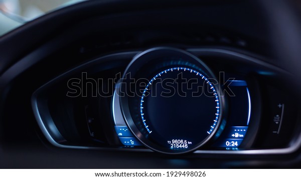 Modern\
car panel, digital bright speedometer,\
odometer.