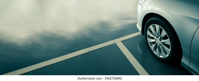 Modern Car In Parking Lot, Anti Slip Coating Floor For Safety, Car Parked In The Right Position In Modern Building Carpark Area, Image With Copy Space For Banner Background