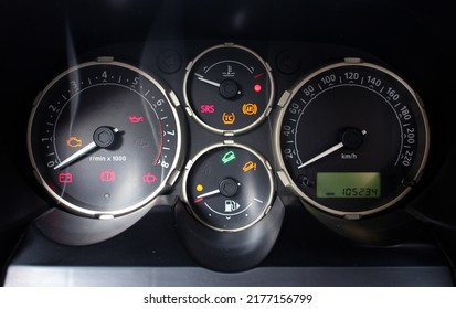 Modern Car Speedometer And Odometer. Warning Lights In Your Car. Signs In Car Speedometer.