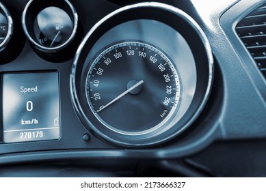 Modern Car Speedometer,odometer,tachometer And Illuminated Dashboard. Car Dashboard Modern Automobile Controlilluminated Panel Speed Display.Car Instrument Panel.Close Up.Selective Focus.