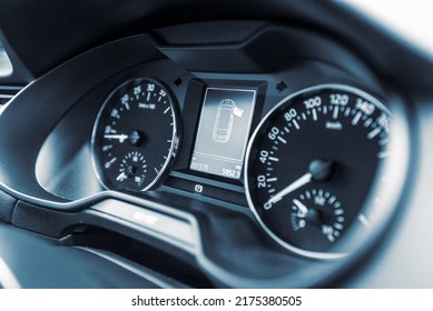 Modern Car Speedometer,odometer,tachometer And Illuminated Dashboard. Car Dashboard Modern Automobile Controlilluminated Panel Speed Display.Car Instrument Panel.Close Up.Selective Focus.