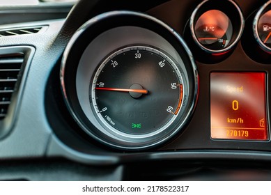 Modern Car Speedometer,odometer,tachometer And Illuminated Dashboard. Car Dashboard Modern Automobile Controlilluminated Panel Speed Display.Car Instrument Panel.Close Up.Selective Focus.