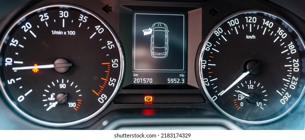 Modern Car Speedometer,odometer,tachometer And Illuminated Dashboard. Car Dashboard Modern Automobile Controlilluminated Panel Speed Display.Car Instrument Panel.Close Up.Selective Focus.