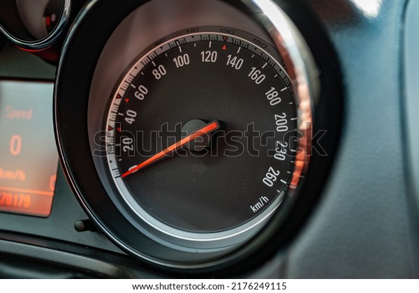 Modern car speedometer,odometer,tachometer and\
illuminated dashboard. car dashboard modern automobile\
controlilluminated panel speed display.Car instrument panel.Close\
up.Selective focus.