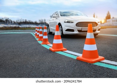 Modern Car At Test Track, Focus On Traffic Cone. Driving School