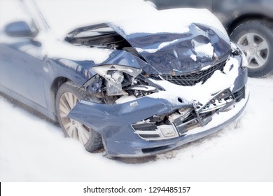 Modern Car Wreck Damaged After Winter Crash On Street Traffic Collision In Bad Weather Storm Road Damage Auto Insurance Broken Metal Scene