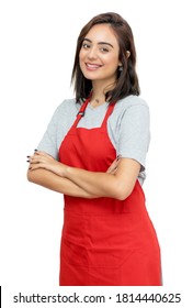 Modern caucasian waitress with red apron isolated on white background for cut out