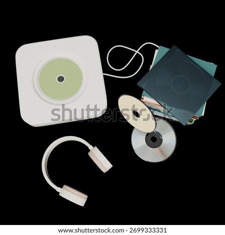 Modern CD player with headphones and a stack of CDs with cases on transparent background. 3d render