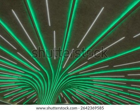 Modern ceiling installation with LED light strips. Futuristic interior lighting pattern, Contemporary public space