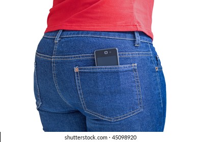 Modern cellphone sticking out of a jeans pocket isolated on white with clipping path
