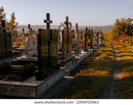 Modern cemetery with graves and crosses in a sunny morning.