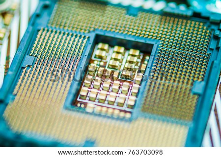 Modern Central processing unit Socket (CPU). CPU socket on Motherboard computer. The Resistors at the middle of CPU socket