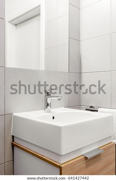 Modern Ceramic Washbasin On Wooden Vanity Stock Photo Edit Now