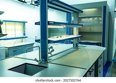 Modern Chemical Laboratory. Empty Medical Lab With No Equipment. Laboratory With New Medical Equipment. Concept - Laboratory In Modern Medical Clinic. Purchase Of Pharmacological Lab Equipment.