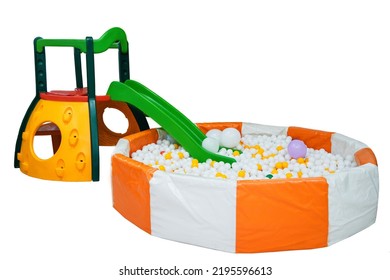 Modern Children Playground Indoor. Inside The Beautiful Kids Playground With A Slide. Plastic Dry Pool With White Balls For Playing White Background Isolated