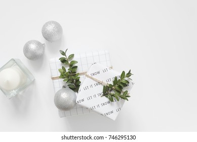 Modern Christmas Decor. Black, White And Green. Scandinavian Style. Balls And Boxwood