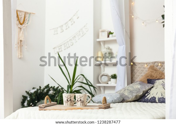 Modern Christmas Interior Bedroom Scandinavian Style Stock