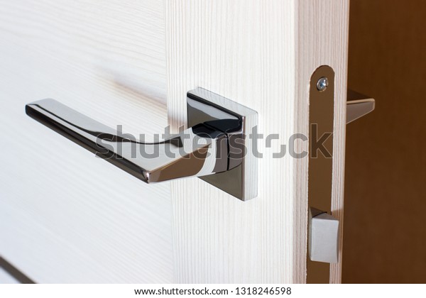 Modern Chrome Door Handle Residential Interior Stock Photo