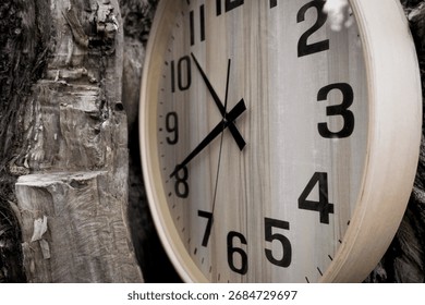 A modern, circular wall clock is shown in a close-up, angled view, resting against the rough, weathered texture of a tree stump or split log