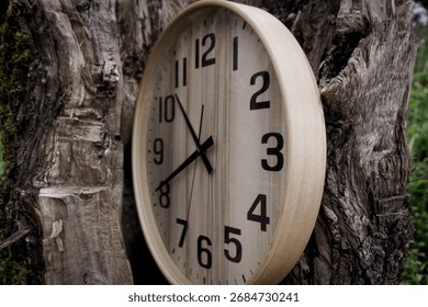 A modern, circular wall clock is shown in a close-up, angled view, resting against the rough, weathered texture of a tree stump or split log