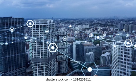 Modern city aerial view and communication network concept. Smart city. 5G. IoT. *Video version available in my portfolio. - Shutterstock ID 1814251811