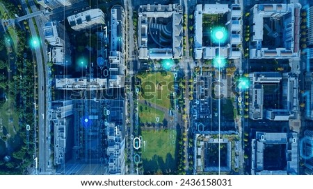 Modern city aerial view and digital transformation concept. Smart city.
