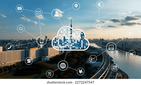Modern city and cloud computing concept. Smart city. Communication network. ERP. Enterprise Resources Planning.