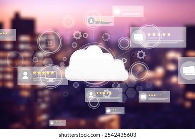 Modern city cloud computing icon. Software as a Service.