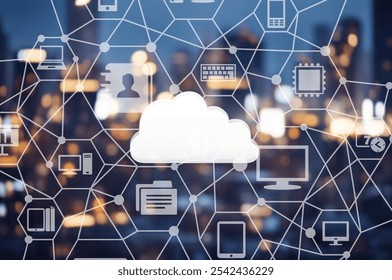 Modern city cloud computing icon. Software as a Service.