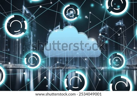 Modern city cloud computing icon. Software as a Service.