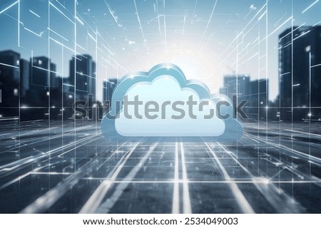 Modern city cloud computing icon. Software as a Service.