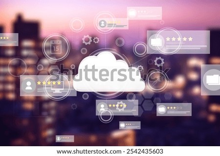 Modern city cloud computing icon. Software as a Service.