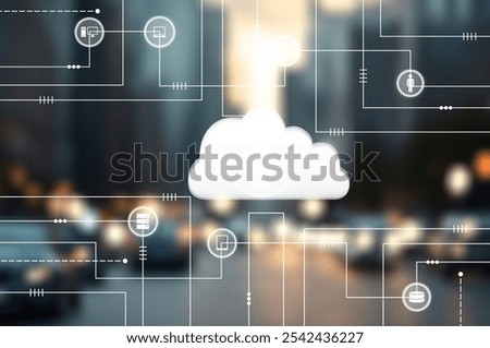 Modern city cloud computing icon. Software as a Service.