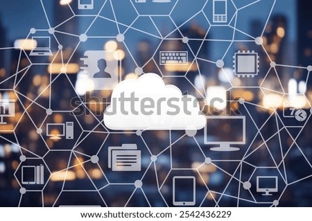 Modern city cloud computing icon. Software as a Service.