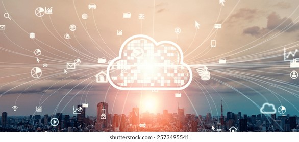 Modern city and cloud computing network concept. Wide angle visual for banners or advertisements.