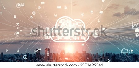 Modern city and cloud computing network concept. Wide angle visual for banners or advertisements.