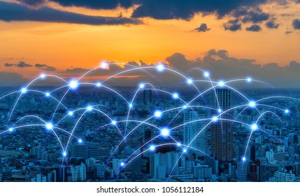 Modern city and communication network concept.
