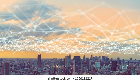 Modern city and communication network concept. - Shutterstock ID 1056112217