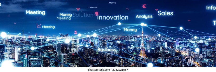 Modern City And Communication Network Concept. IoT (Internet Of Things). Smart City. Digital Transformation. Wide Image For Banners, Advertisements.