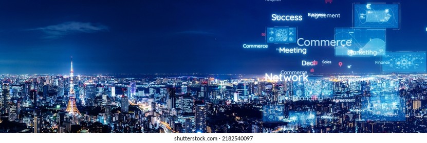 Modern City And Communication Network Concept. IoT (Internet Of Things). Smart City. Digital Transformation. Wide Image For Banners, Advertisements.