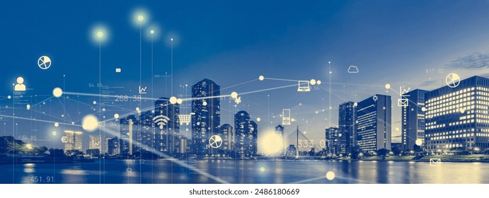 Modern city and communication network concept. Smart city. Wide angle visual for banners or advertisements.