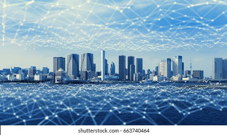 Modern city and communication network, Smart City. Internet of Things. Information Communication Network. Sensor Network. Smart Grid. Conceptual abstract.