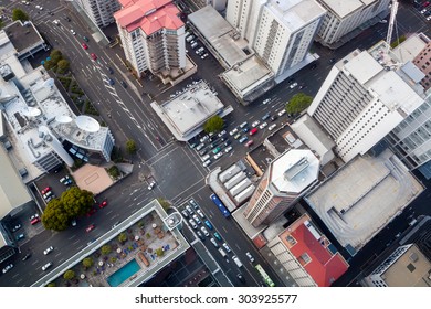 Modern City Crossroad, Modern Commercial Buildings Of Business District, From Above (Auckland Downtown Taken From Sky Tower)