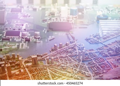 Modern City Diorama And Electric Circuit Board, Abstract Image Visual
